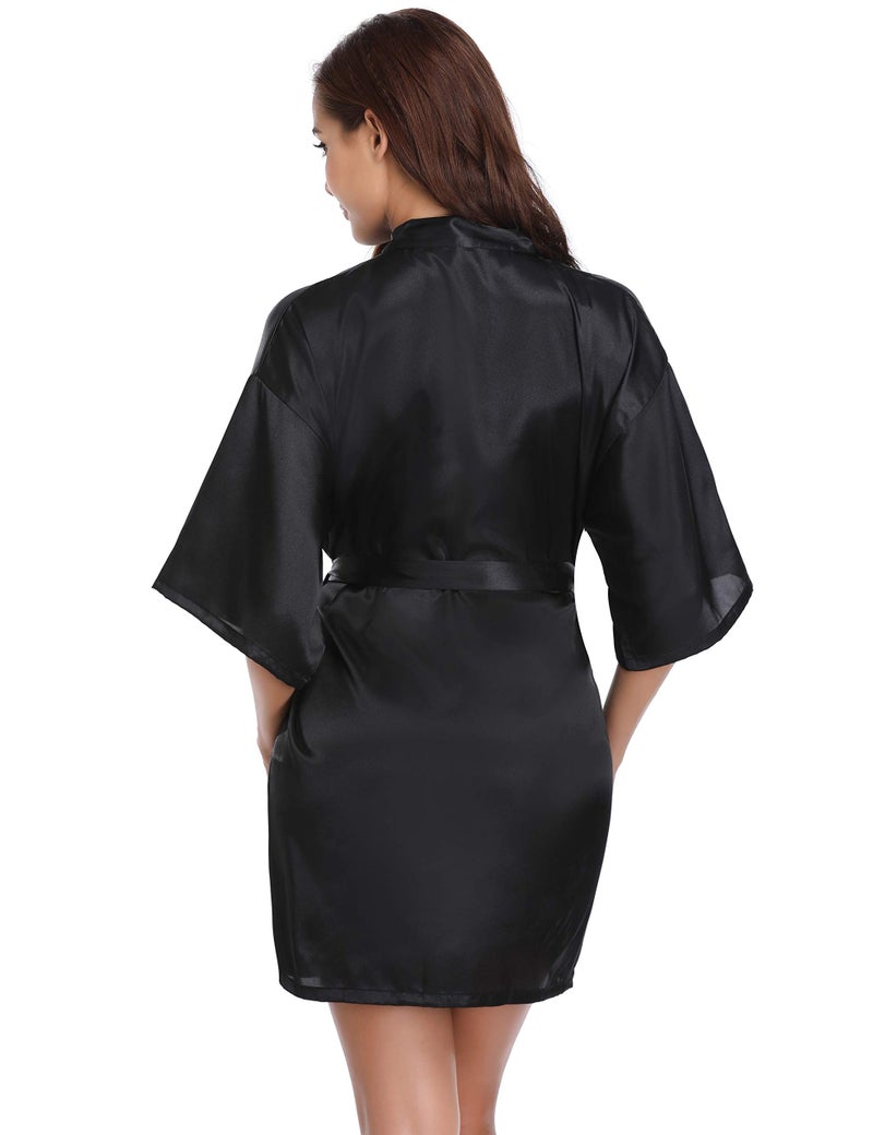 Vlazom Women's Kimono Robes Short Satin Pure Color Bridal Party Robe with Oblique V-Neck Black - Image 4